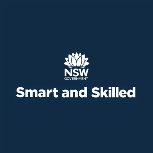 Logo for the NSW Government's "Smart and Skilled" initiative, featuring a white lotus flower on a dark blue background.