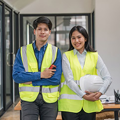 Two individuals in safety vests stand confidently in an office space, one holding a phone and the other a hard hat.